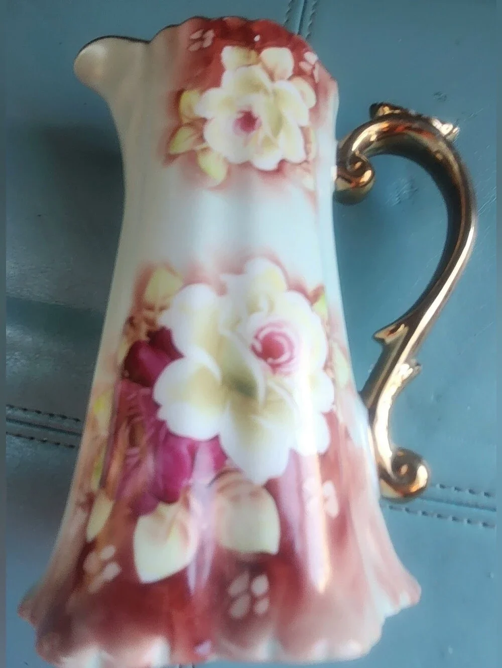 VTG NIPPON Hand Painted Pitcher JAPAN Floral Pale Green PINKS Vase Gold Trim EVC